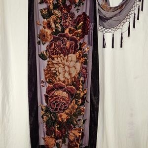 Purple Velvet Burnout Beaded Scarf Shawl Wrap Fringe Boho Elegant Dark Romantic